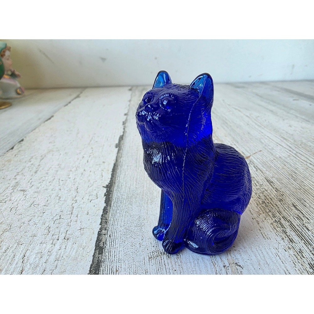 Vintage mosser blue cobalt cat kitten glass mini figurine statue decor